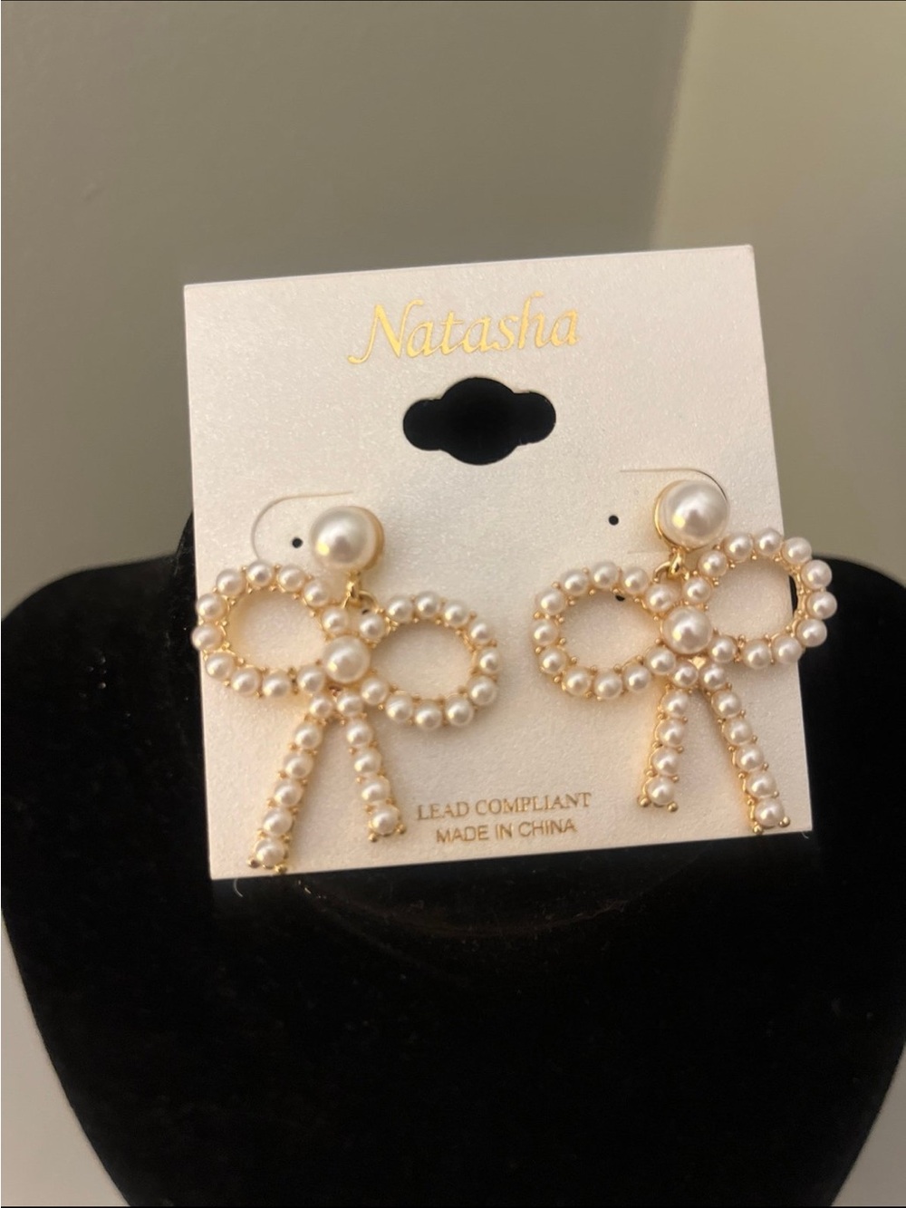 Natasha Couture Pearl Bow Drop Earrings